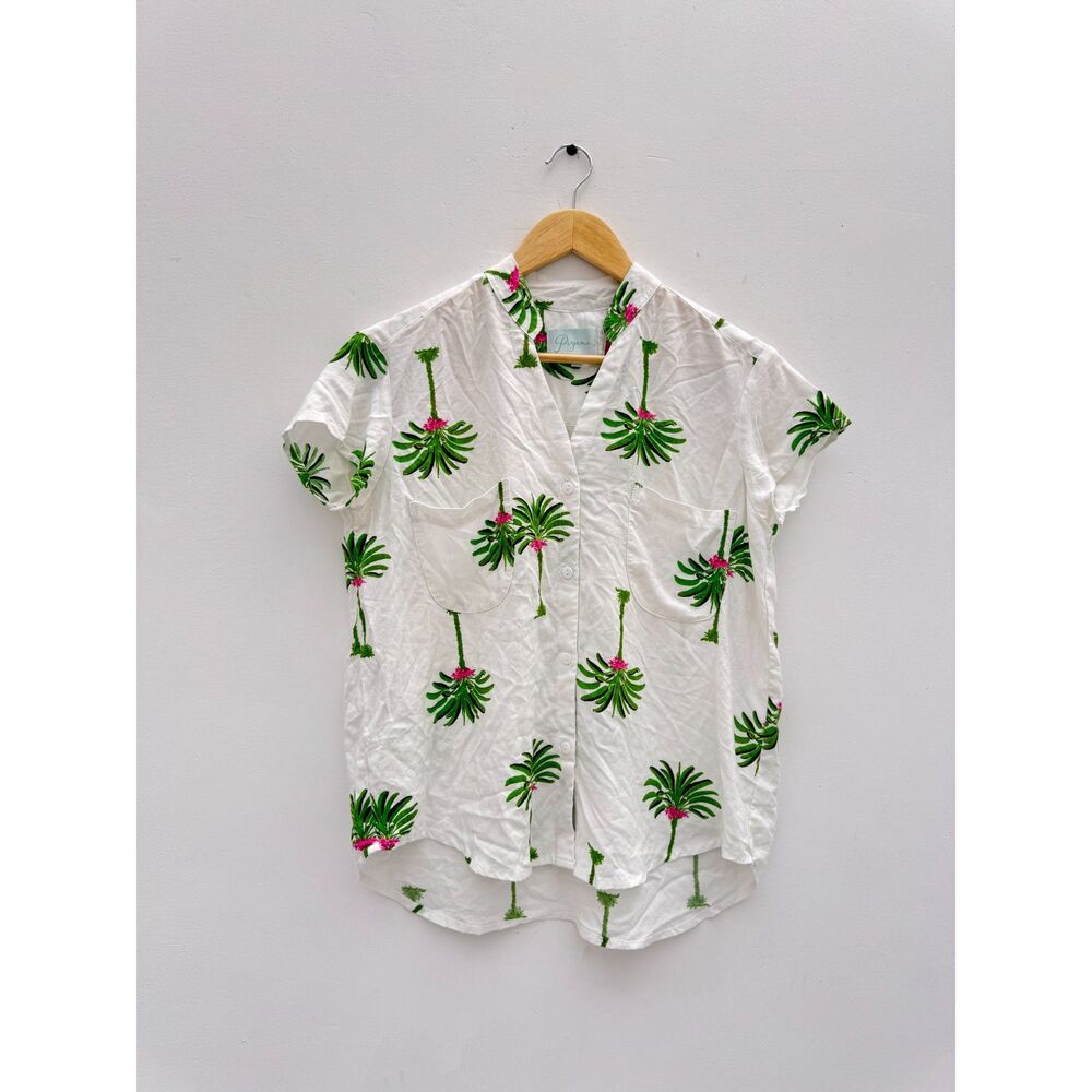 Piyama Palm Tree Rayon Pajama Top White Green Tropical Lounge Shirt S